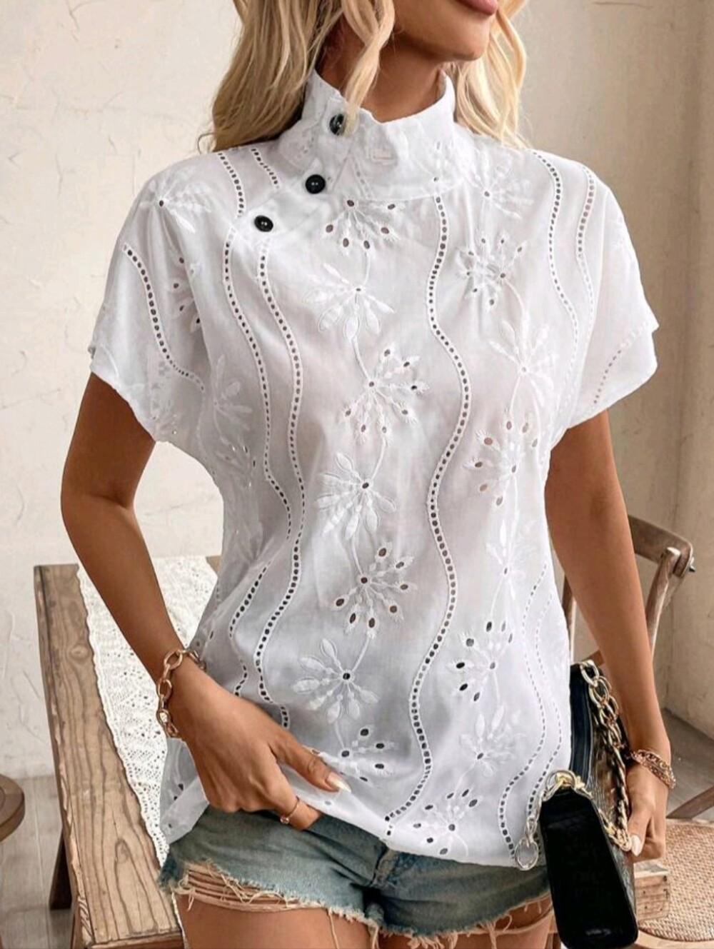 Women’s White Eyelet Mock Neck Elegant Summer Blouse